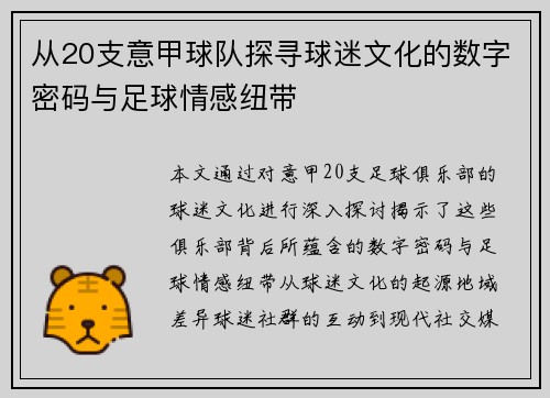 从20支意甲球队探寻球迷文化的数字密码与足球情感纽带