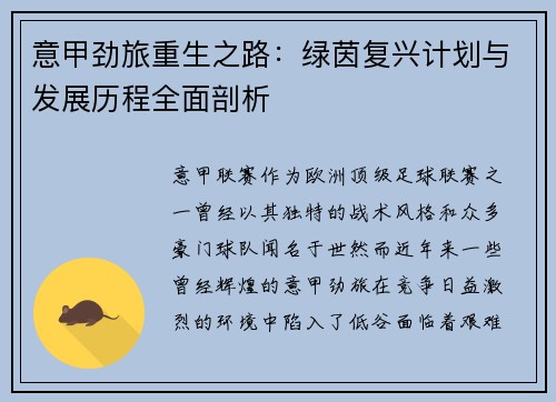 意甲劲旅重生之路：绿茵复兴计划与发展历程全面剖析